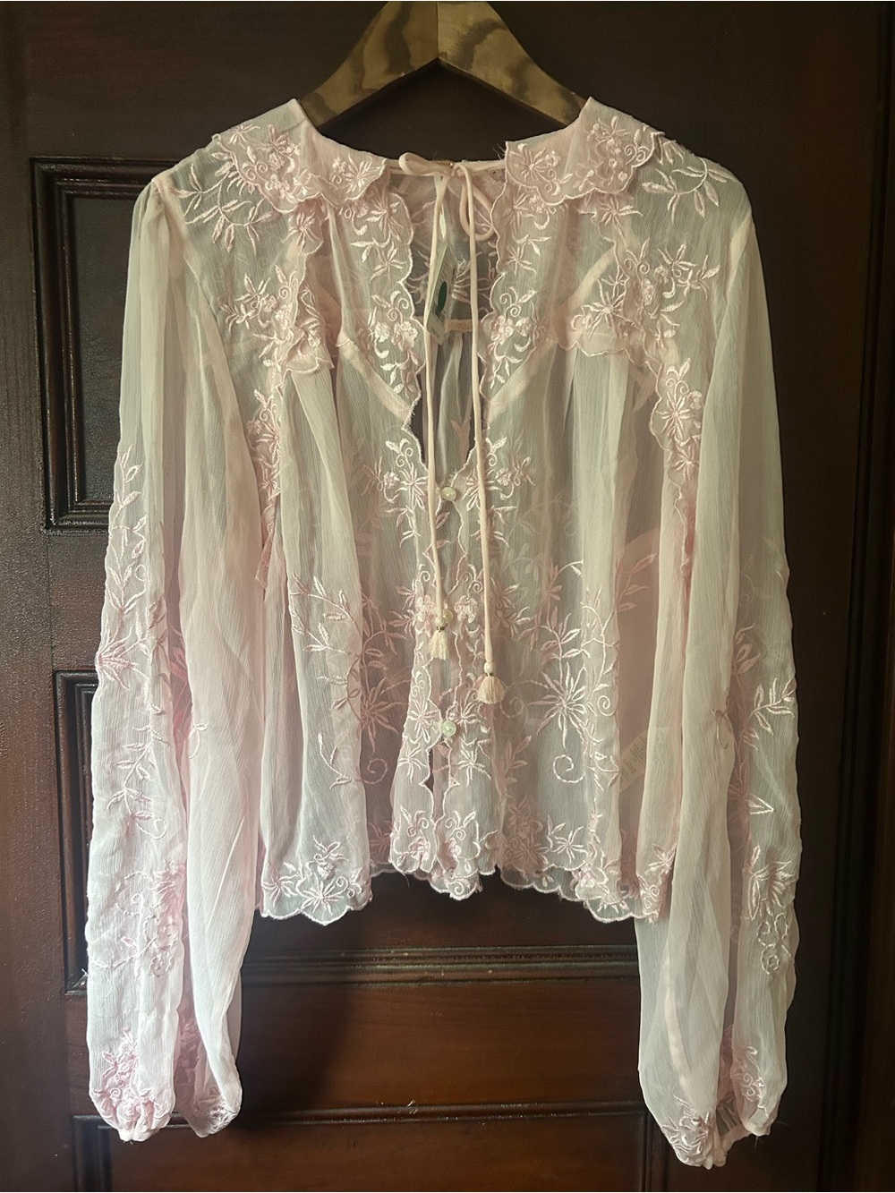 Free People Dreamer Girl Embroidered Blouse Sheer Lace Boho Flowy Baby Pink - Picture 3 of 8